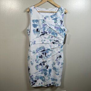Calvin Klein Side Pleated Sheath Floral Dress Size 14 Blue Wedding Guest Church